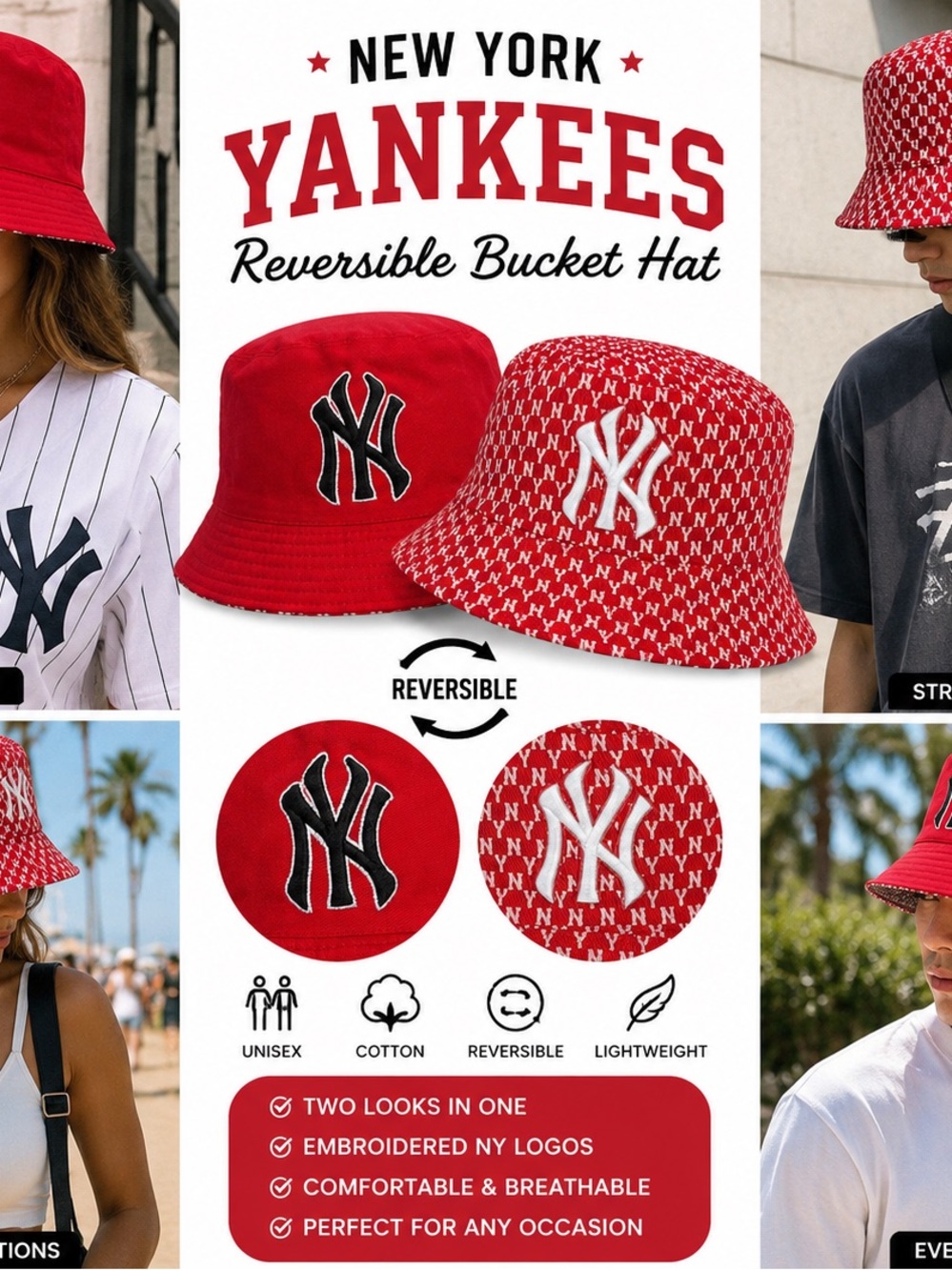 New York Yankees Reversible Bucket Hat Red NY Monogram MLB Unisex Streetwear